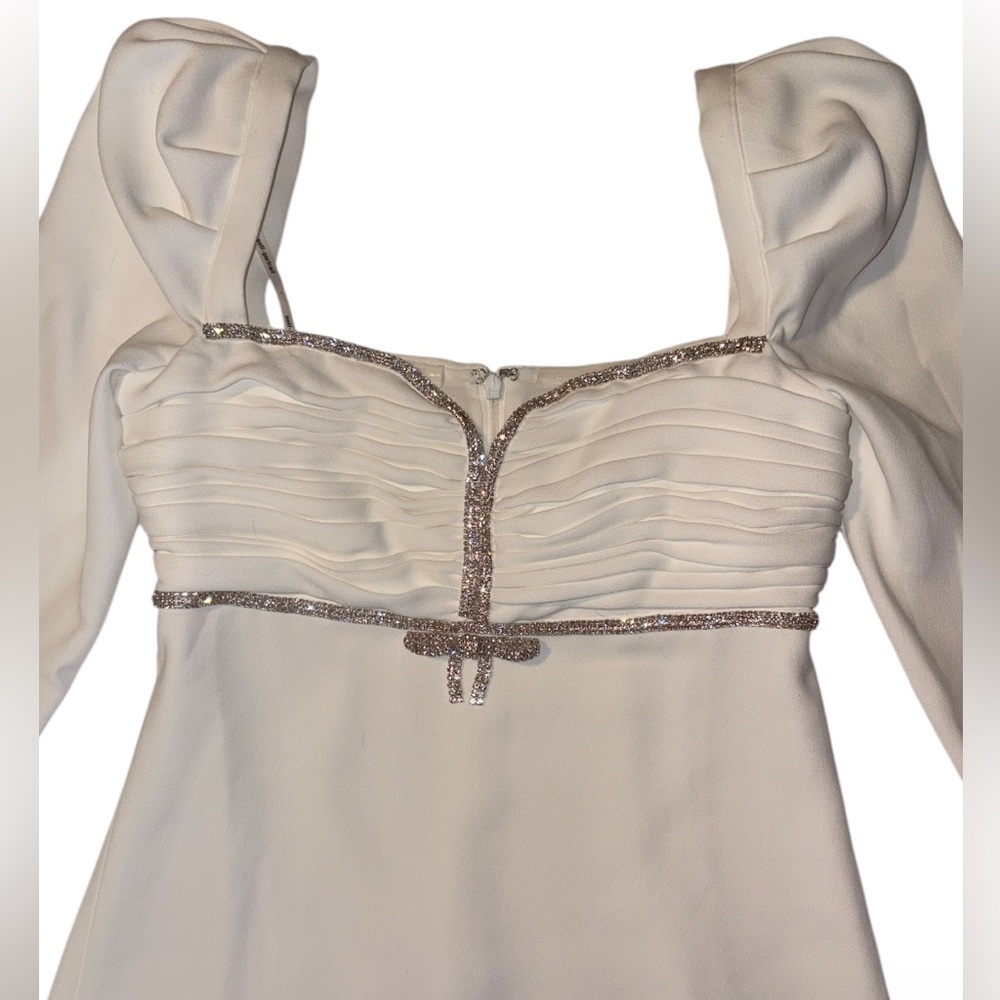 Self-Portrait Diamante Bow Mini Dress Crepe Long Sleeve White US Size 4 New - Picture 2 of 13